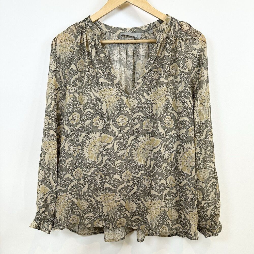 Vince Blouse Women’s XS Silk Floral Office Oversized Boho Semi-Sheer Classy Top